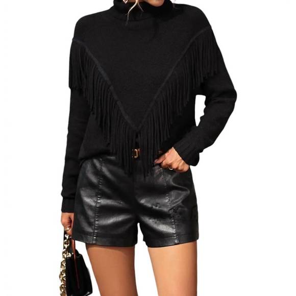 NEW MISS SPARKLING cowgirl fringe turtleneck sweater in black - Picture 4 of 4